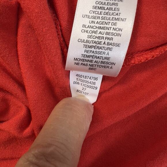 Chico's Red Orange Tunic Top Size 2 Lace Trim Hi-Lo Asymmetrical Hem 3/4 Sleeve - Picture 7 of 8